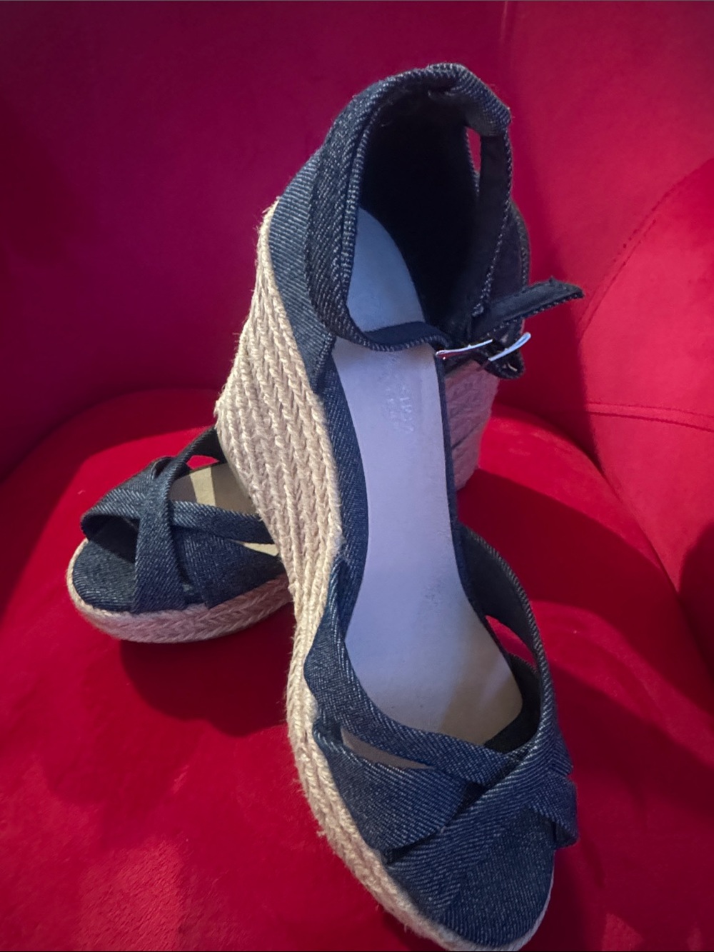 Jean Material Sandals / Espadrille Wedge Ankle Wrap Size 7.5